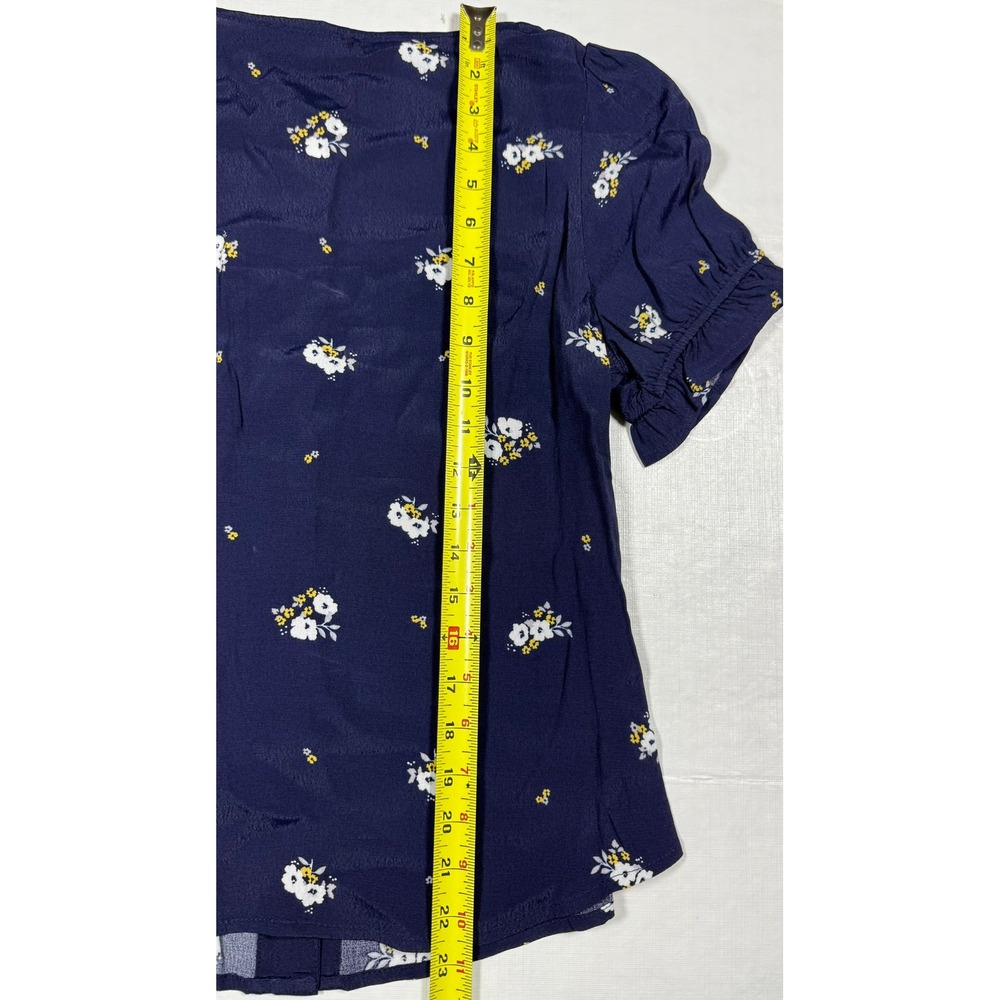 Elodie Navy Floral Print Square Neck Short Sleeve Button Front Top Womens Size S - Picture 9 of 9